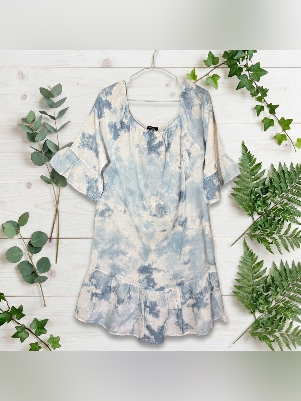 Francesca Bettini Women's L Blue White Tie Dye Linen Ruffle Dress Resort Italy